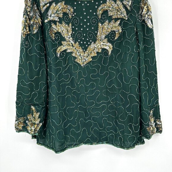 LAURENCE KAZAR shirt top blouse green XXL beaded sequins formal party evening - Picture 6 of 11